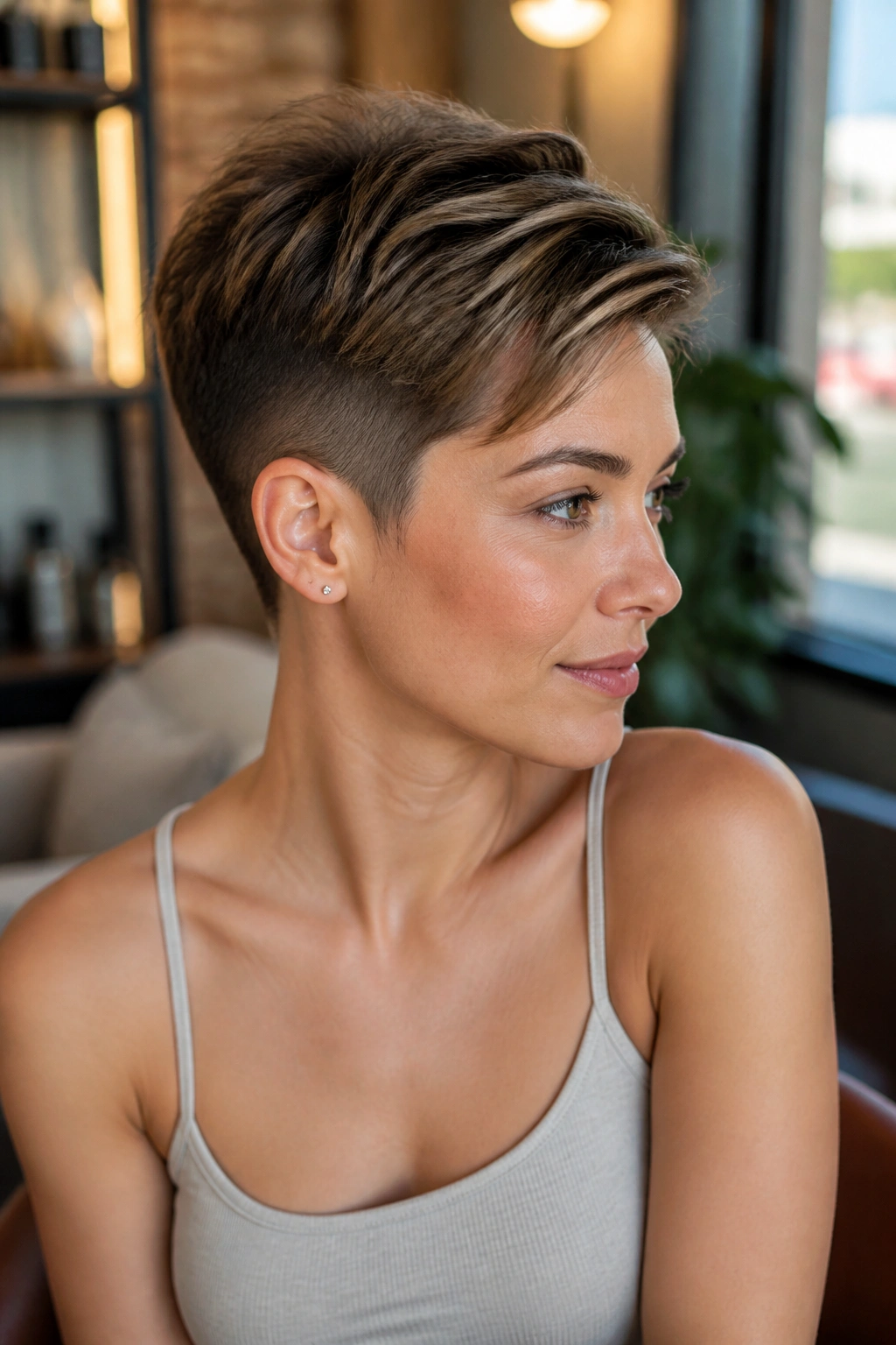 Portrait of a real woman with an undercut pixie showing hidden undercut under the top