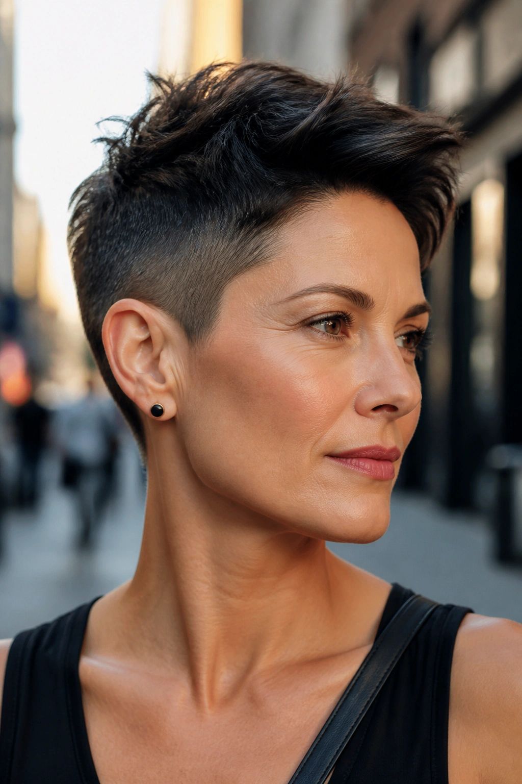 Close-up portrait of a real woman with undercut pixie hairstyle in an urban setting
