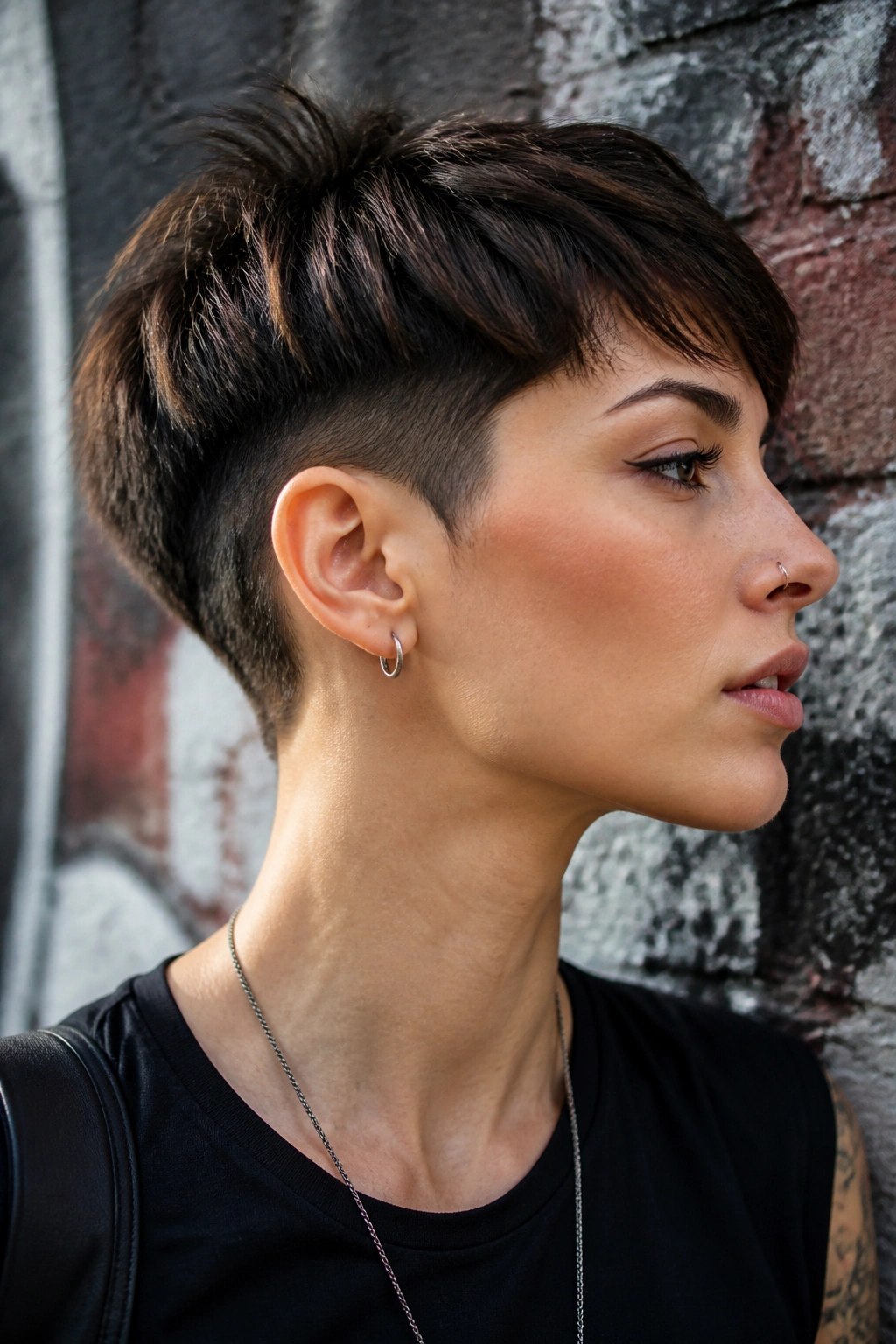 Close-up of a real person with a pixie cut and hidden undercut edge.