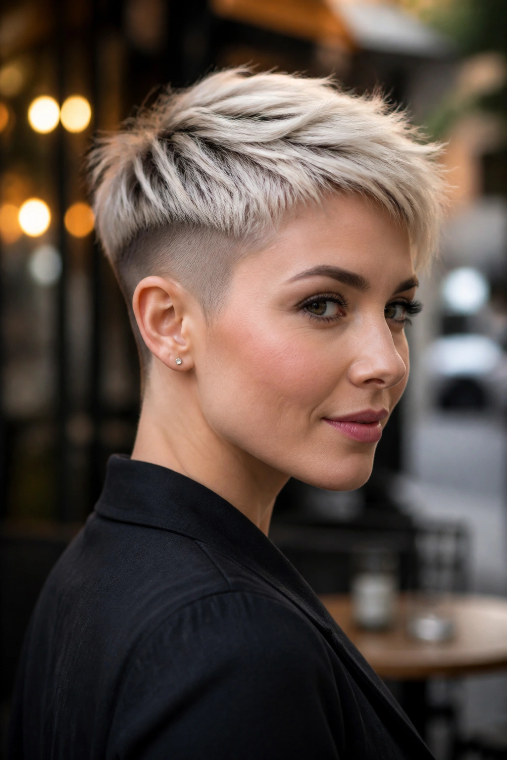 Close-up of a real woman with an undercut pixie hairstyle, three-quarter view in a cafe setting.