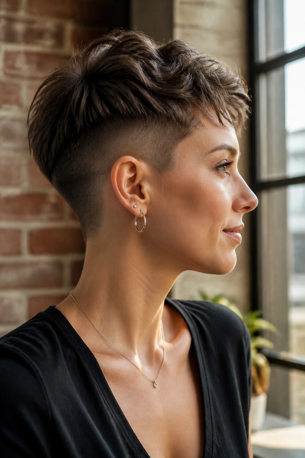 Close-up of a woman with an undercut pixie hairstyle against a brick wall