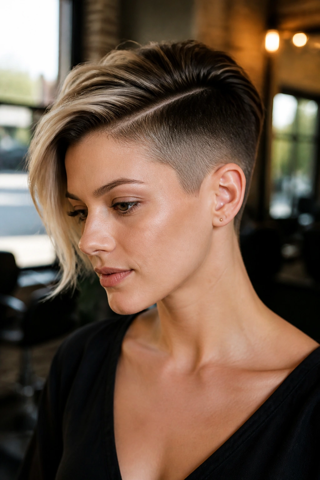Close-up of a real woman with an undercut pixie hairstyle in a salon setting