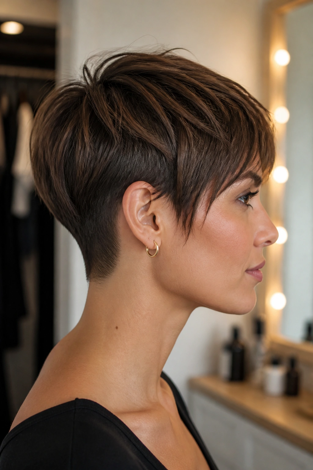 Side-profile portrait of a real woman with long pixie and hidden undercut