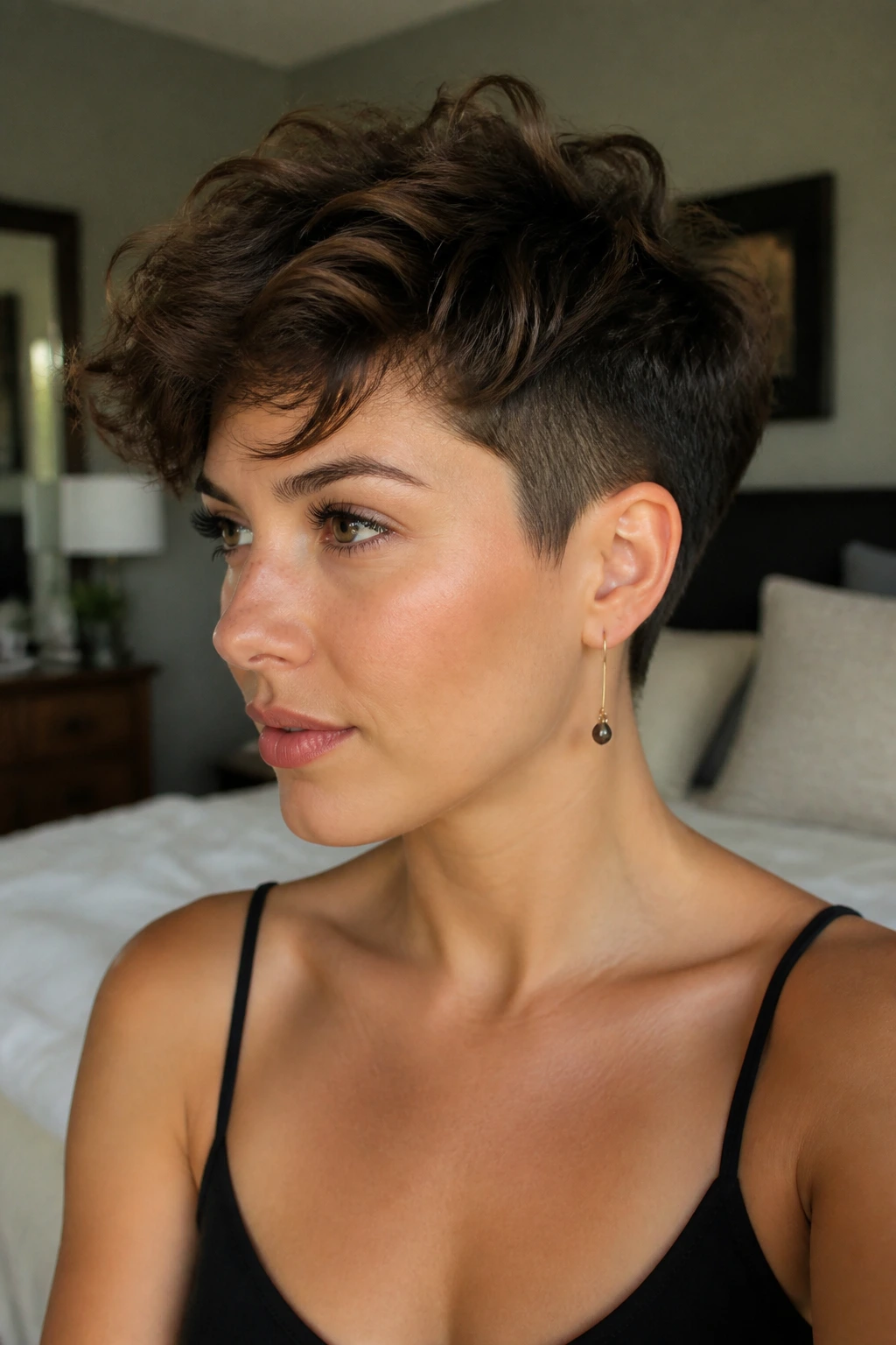 Close-up of a real woman with an undercut pixie and wavy top for extra lift