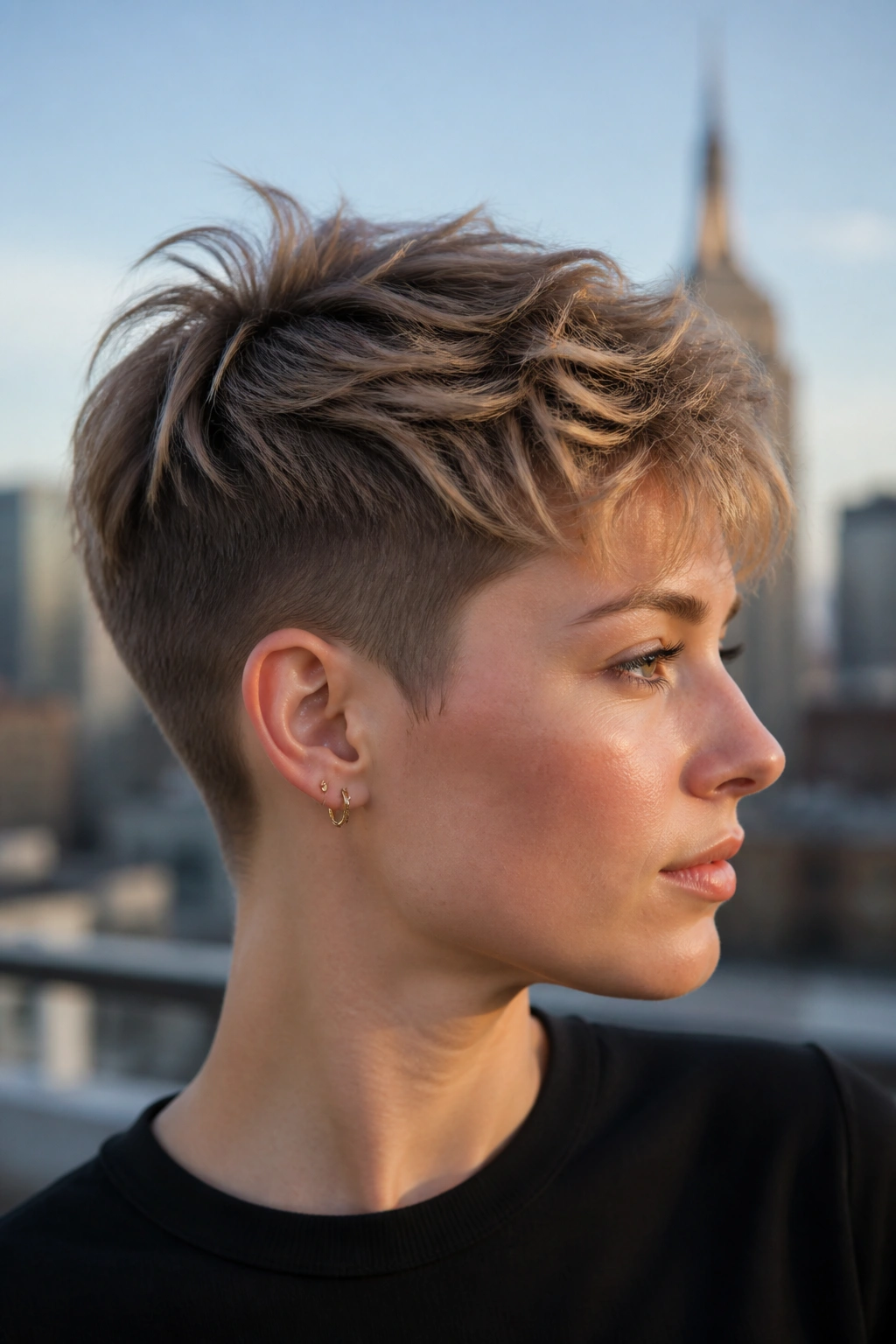 Close-up of a real person with an undercut pixie for extra lift.