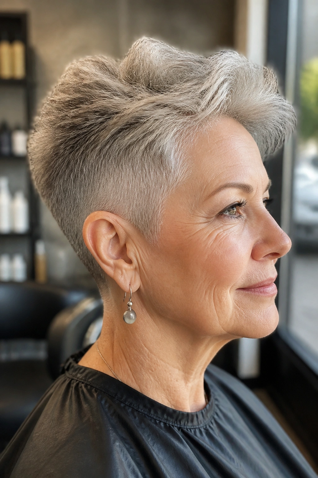 Close-up portrait of a real woman with an undercut pixie and lifted top in a salon setting.