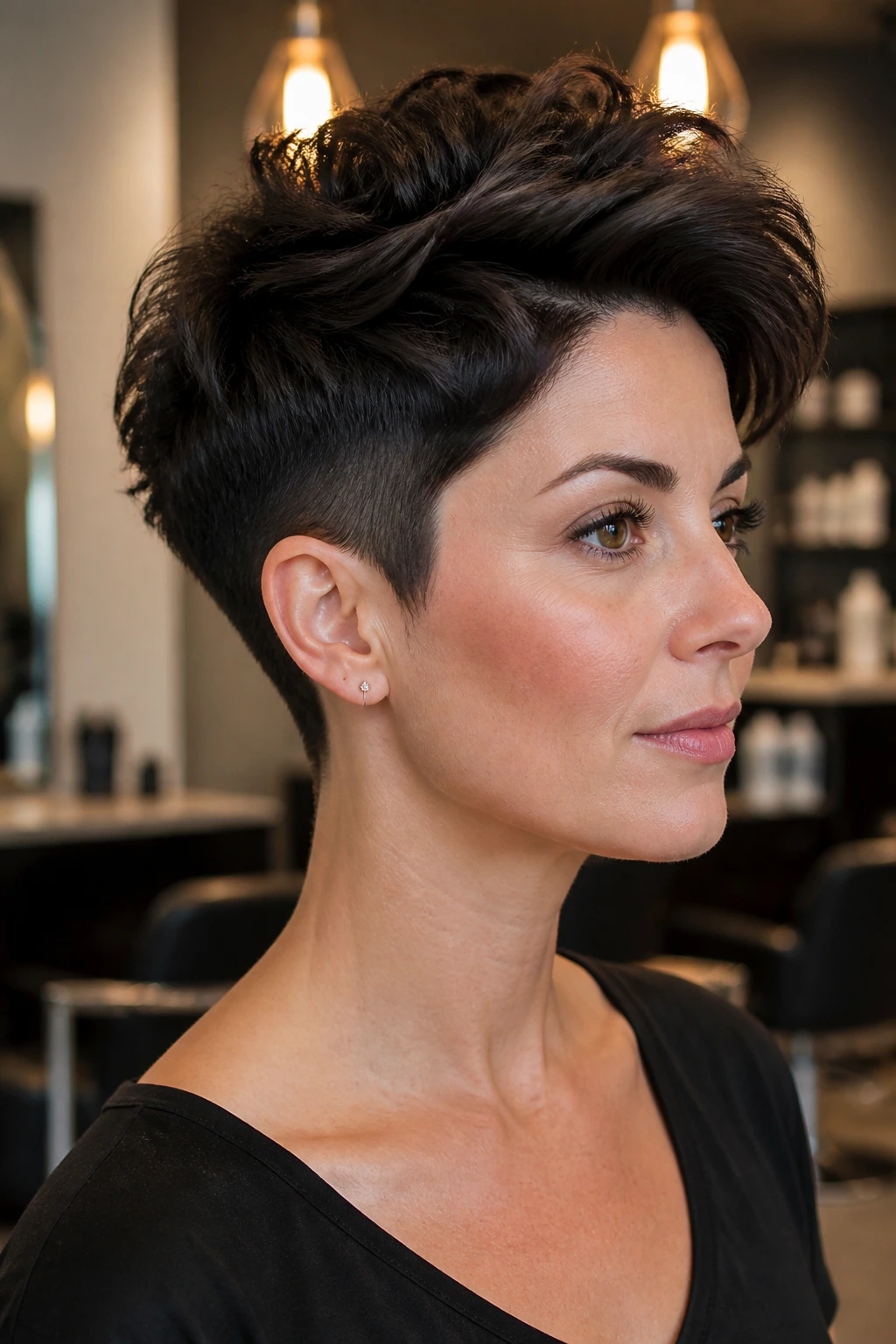 Close-up of a real person with an undercut pixie featuring a lifted crown and tapered nape