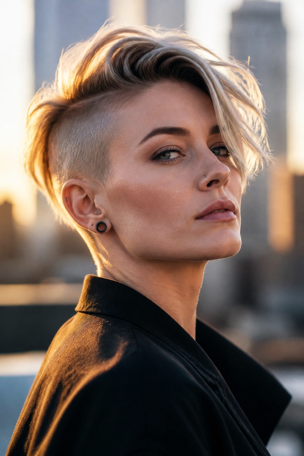 Portrait of a real woman with full undercut pixie and long crown, bold contrast against an urban rooftop backdrop