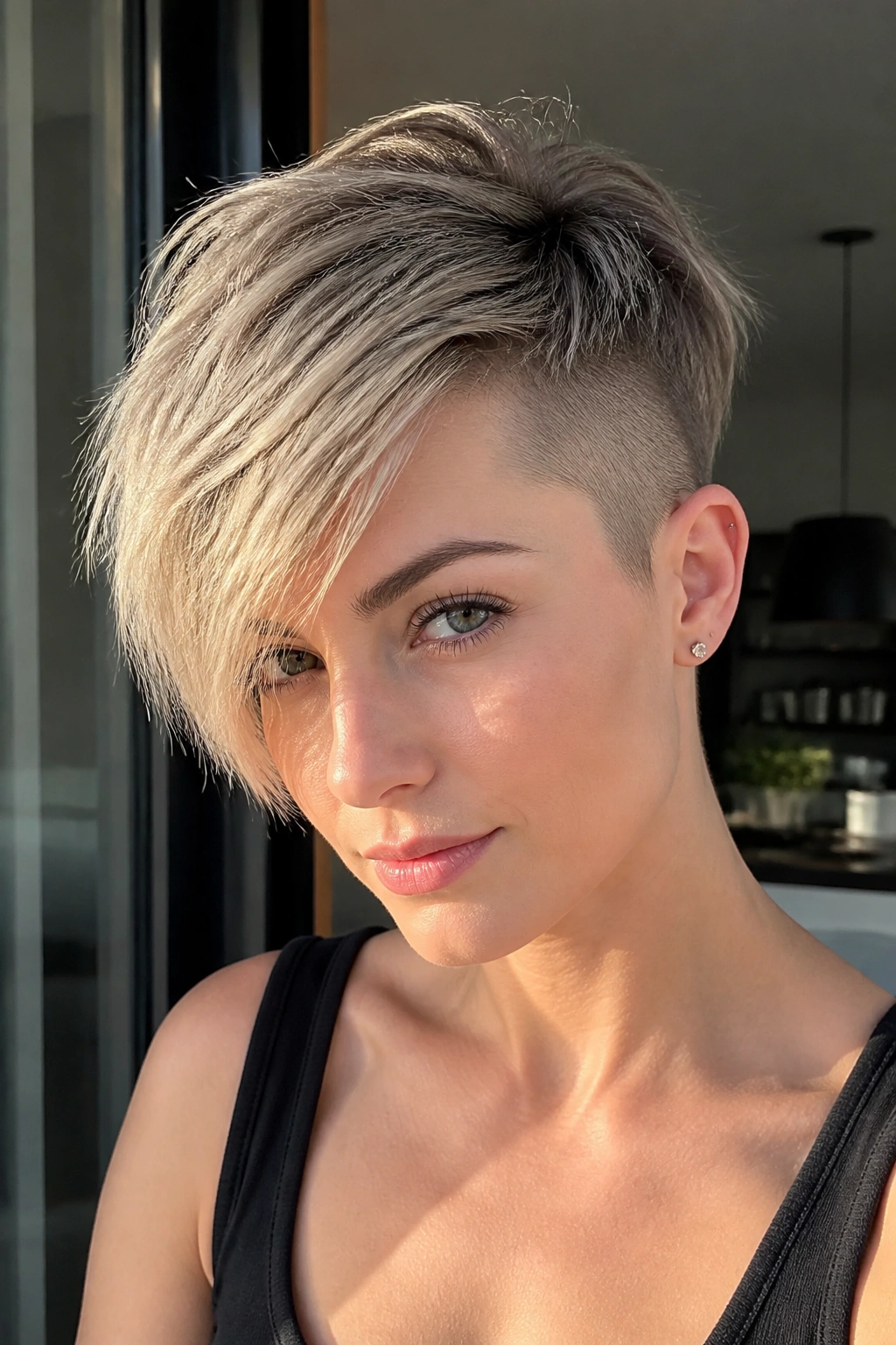 Portrait of a woman wearing an undercut pixie with a long fringe