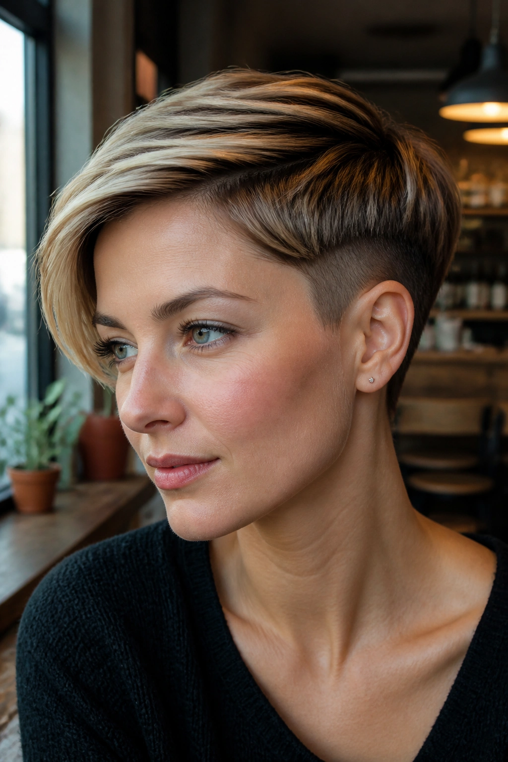 Portrait of a woman with undercut pixie and long top, ears visible