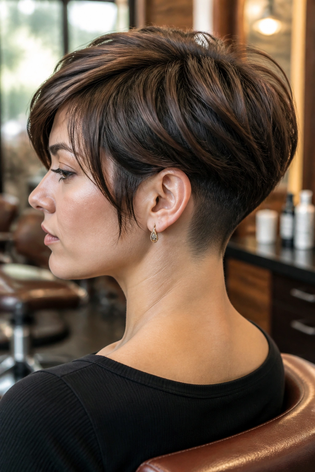 Close-up portrait of a real person with an undercut long pixie, long top and hidden undercut at the nape