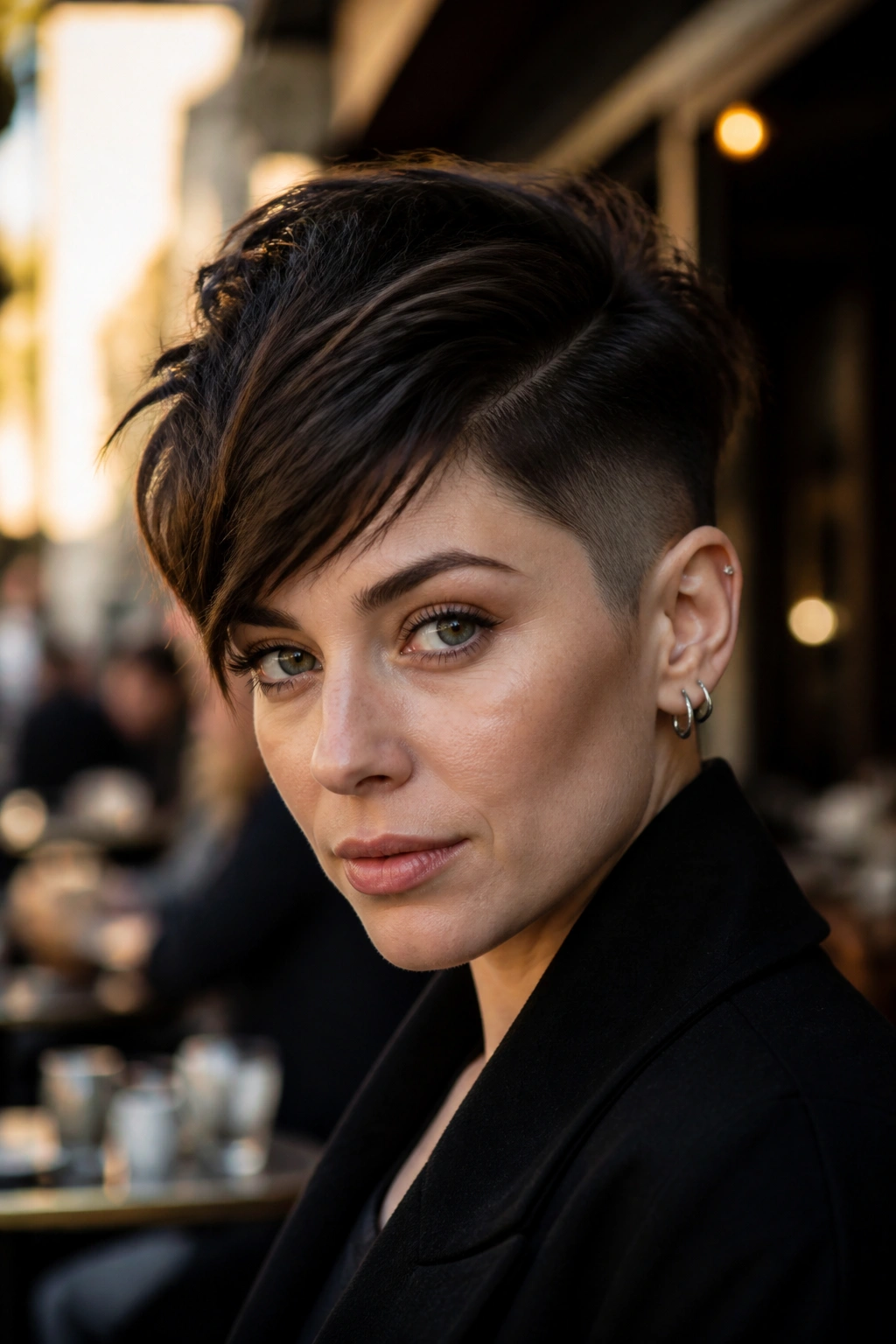 Real person with undercut pixie and long top directed forward