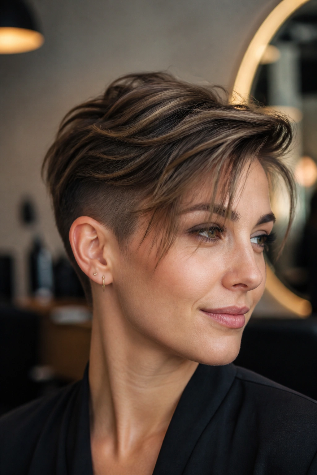Portrait of a real woman with an undercut pixie and long top