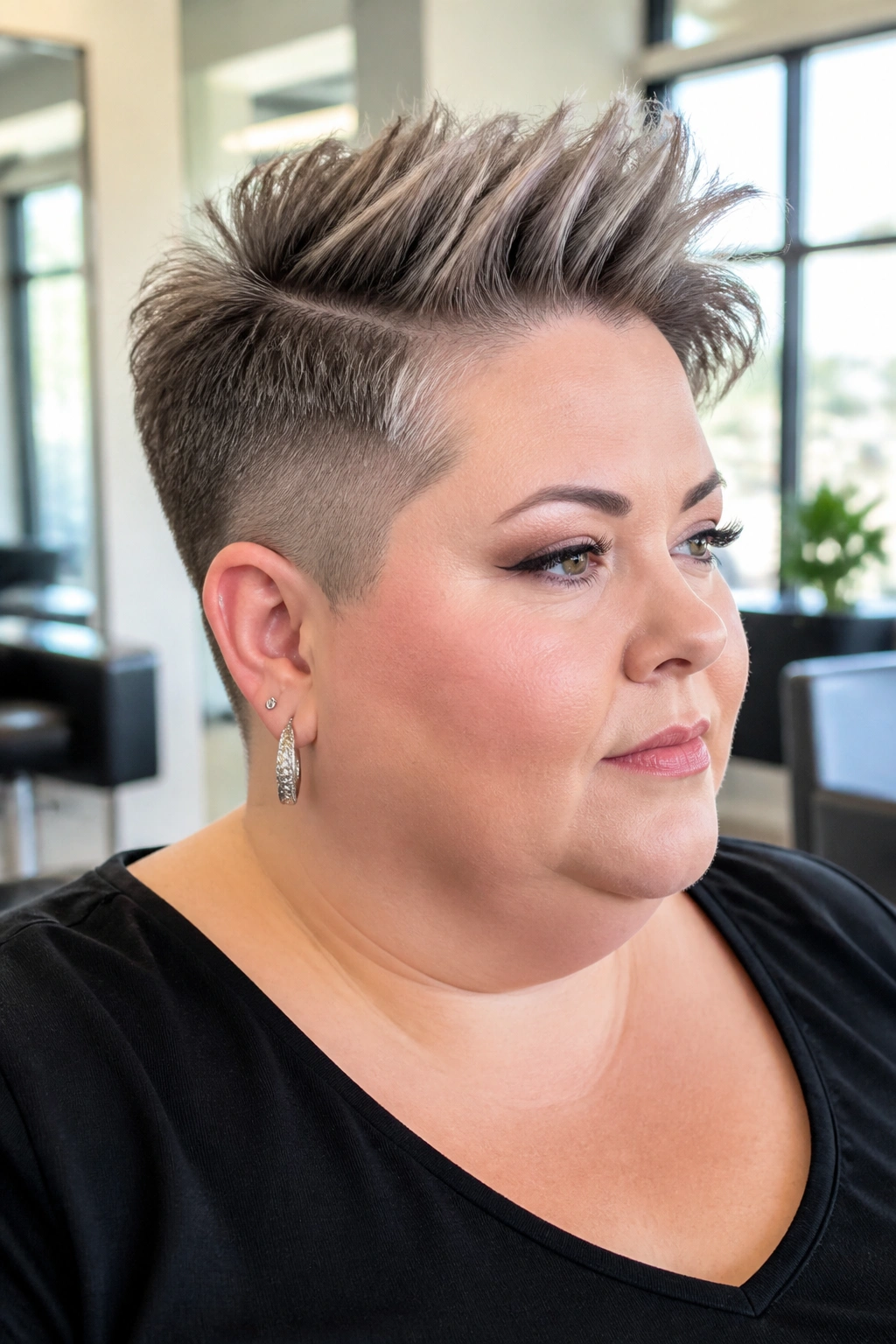 Close-up portrait of a real woman with an undercut pixie and long top.