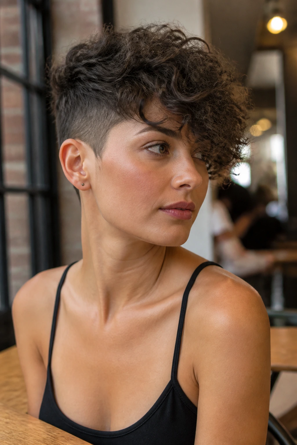 Portrait of a woman with undercut pixie and long top bangs, 2c curls