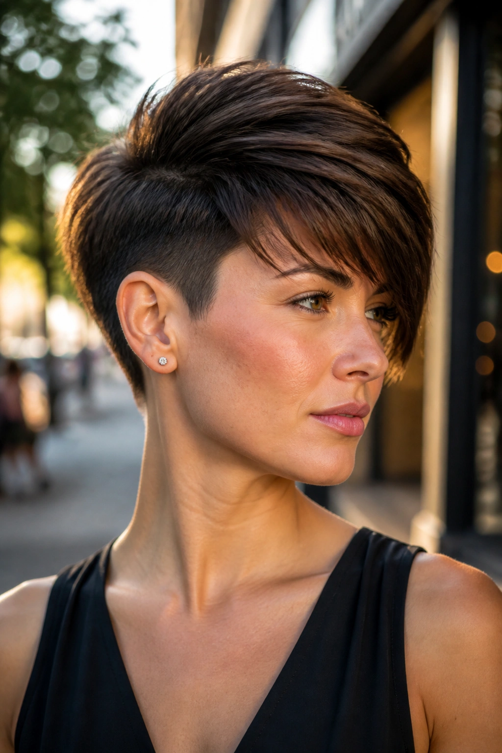 Close-up portrait of a real person with an undercut pixie and long top layer