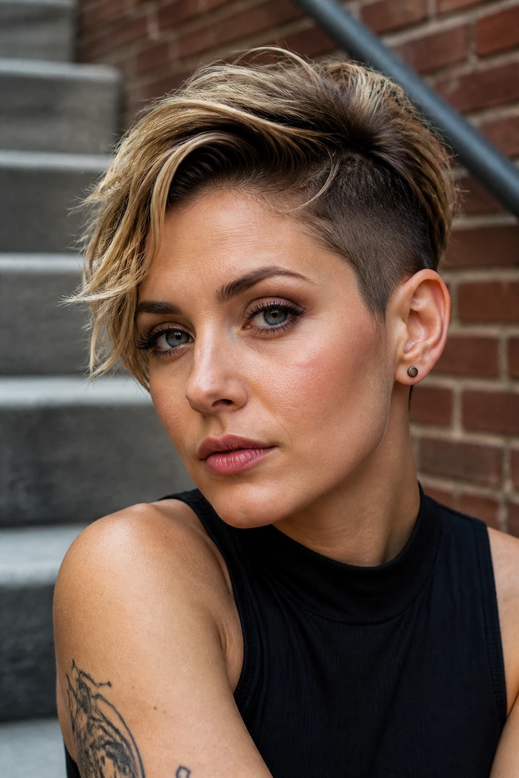 Close-up portrait of a real woman with an undercut pixie and long top layers