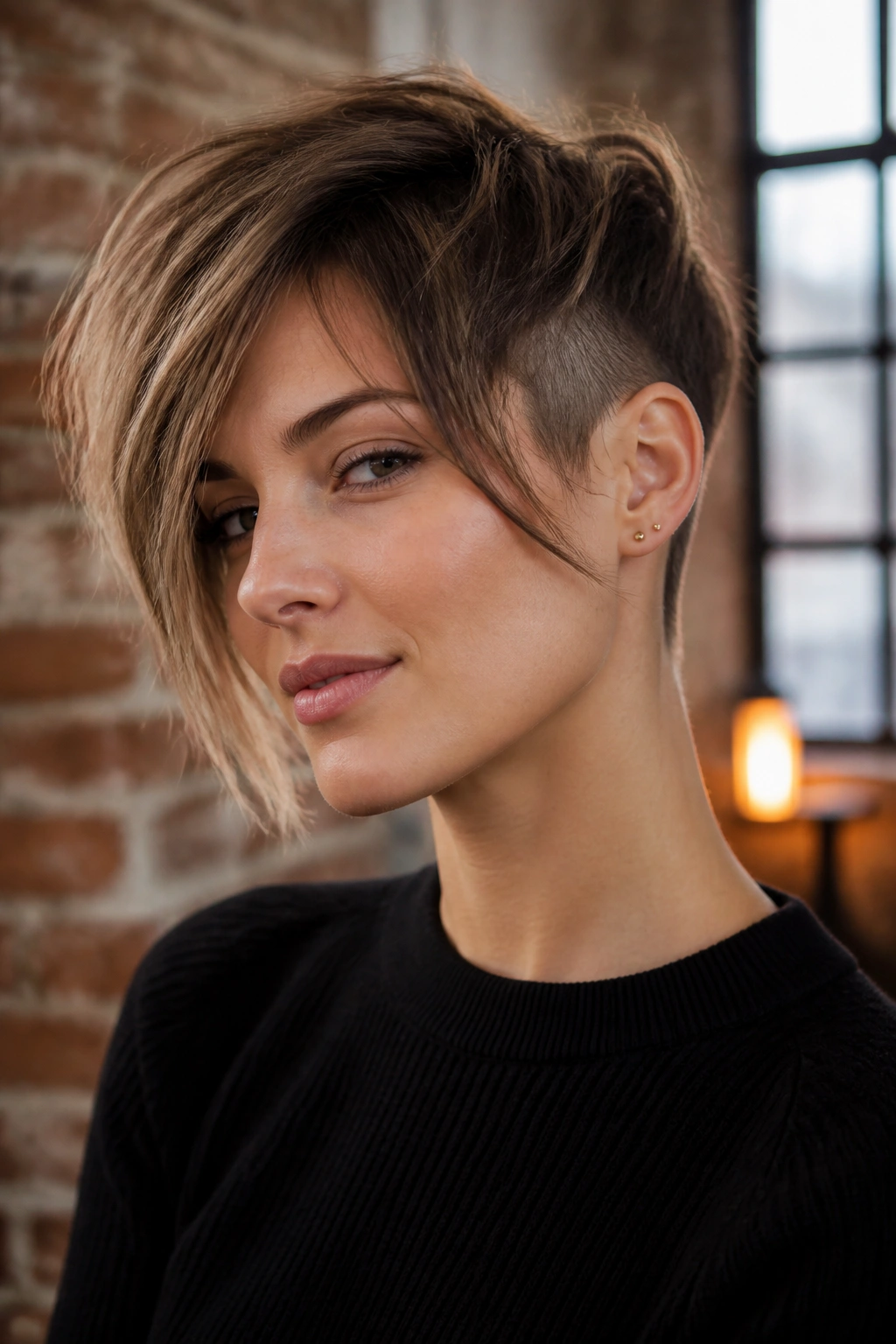 Portrait of a woman with undercut long bang pixie in a warm urban loft