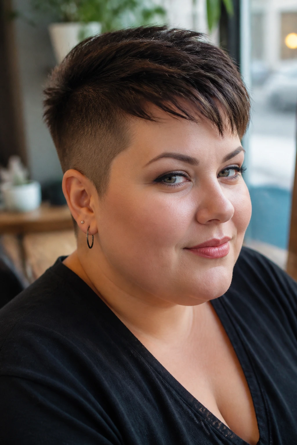 Portrait of a real woman with undercut pixie and longer top in urban cafe setting