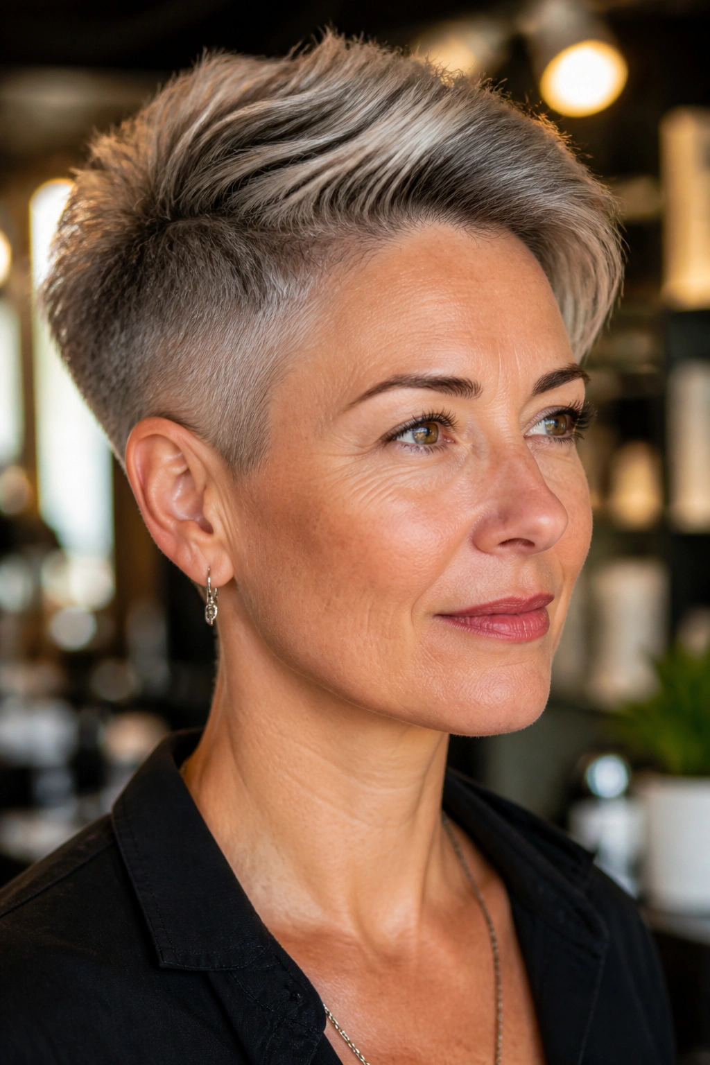 Close-up portrait of a real woman with an undercut pixie and longer top, warm salon lighting