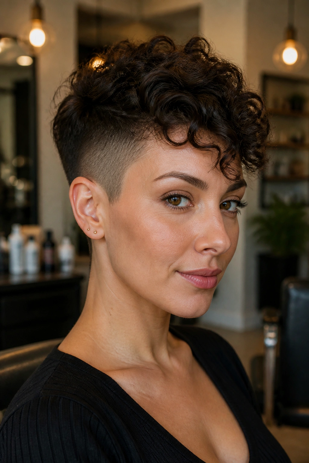 Real person wearing an undercut pixie with a longer top