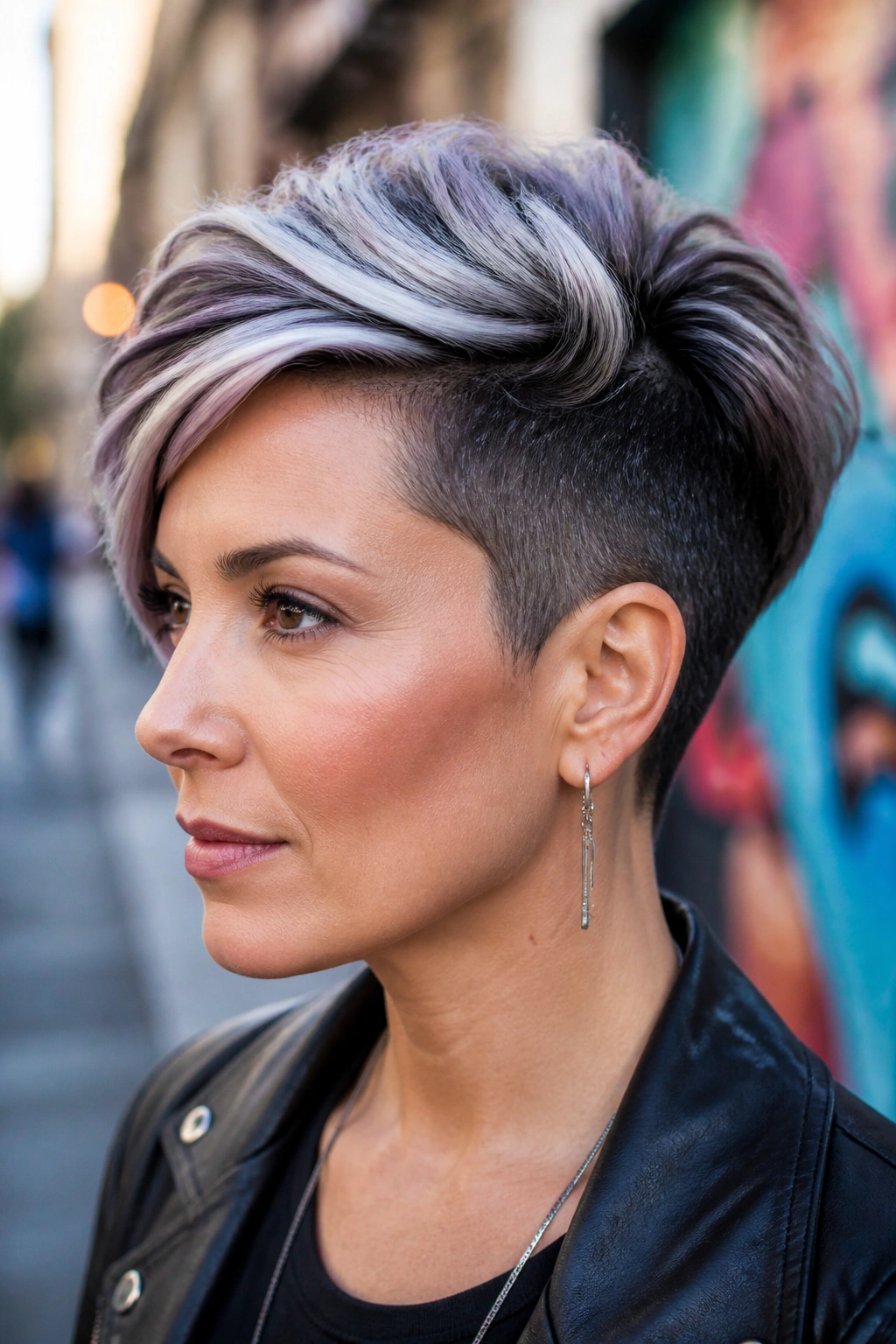 Close-up of a real person with an undercut pixie and metallic streaks in the top