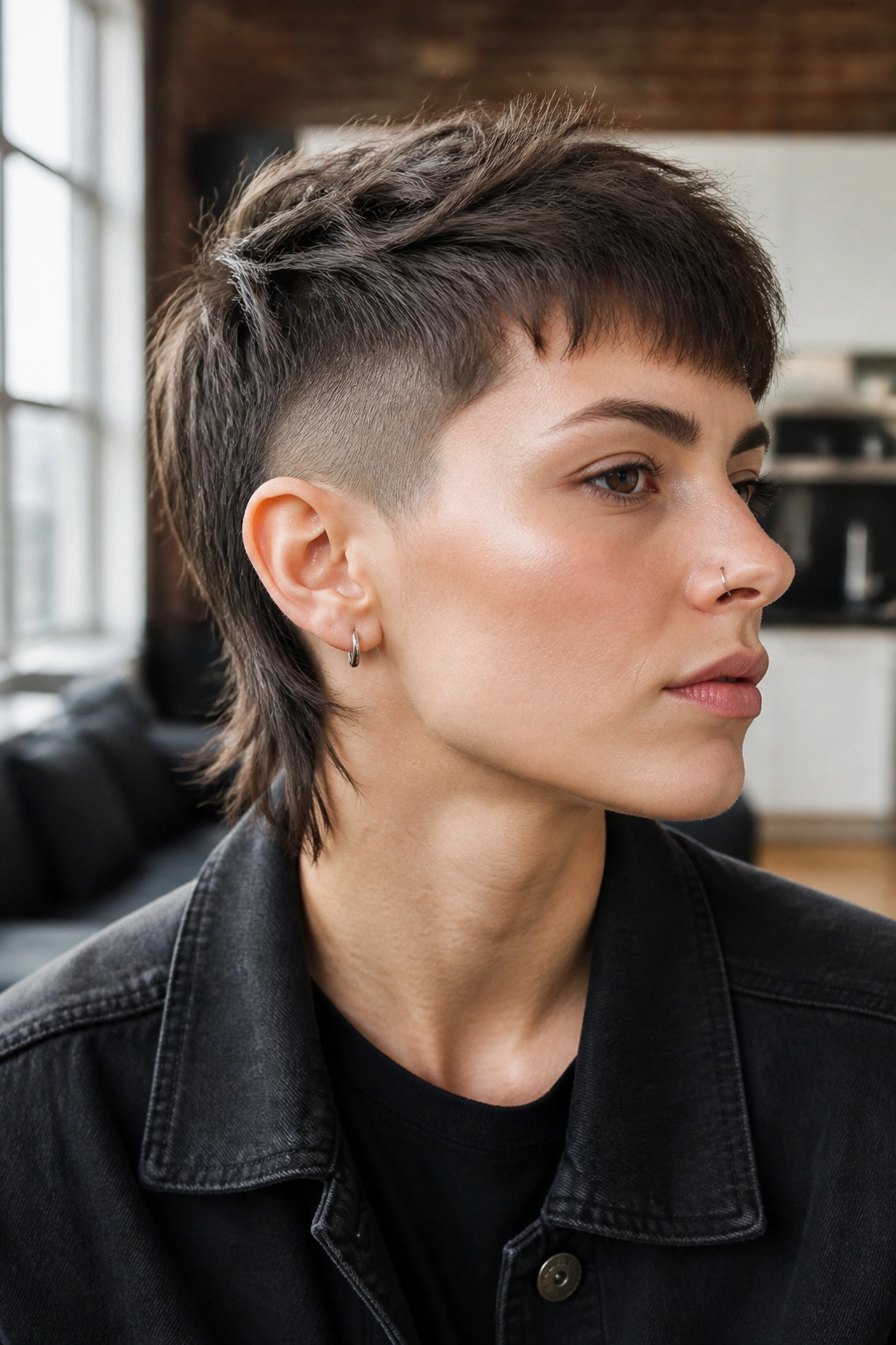 Real person with undercut pixie mullet showing shaved sides
