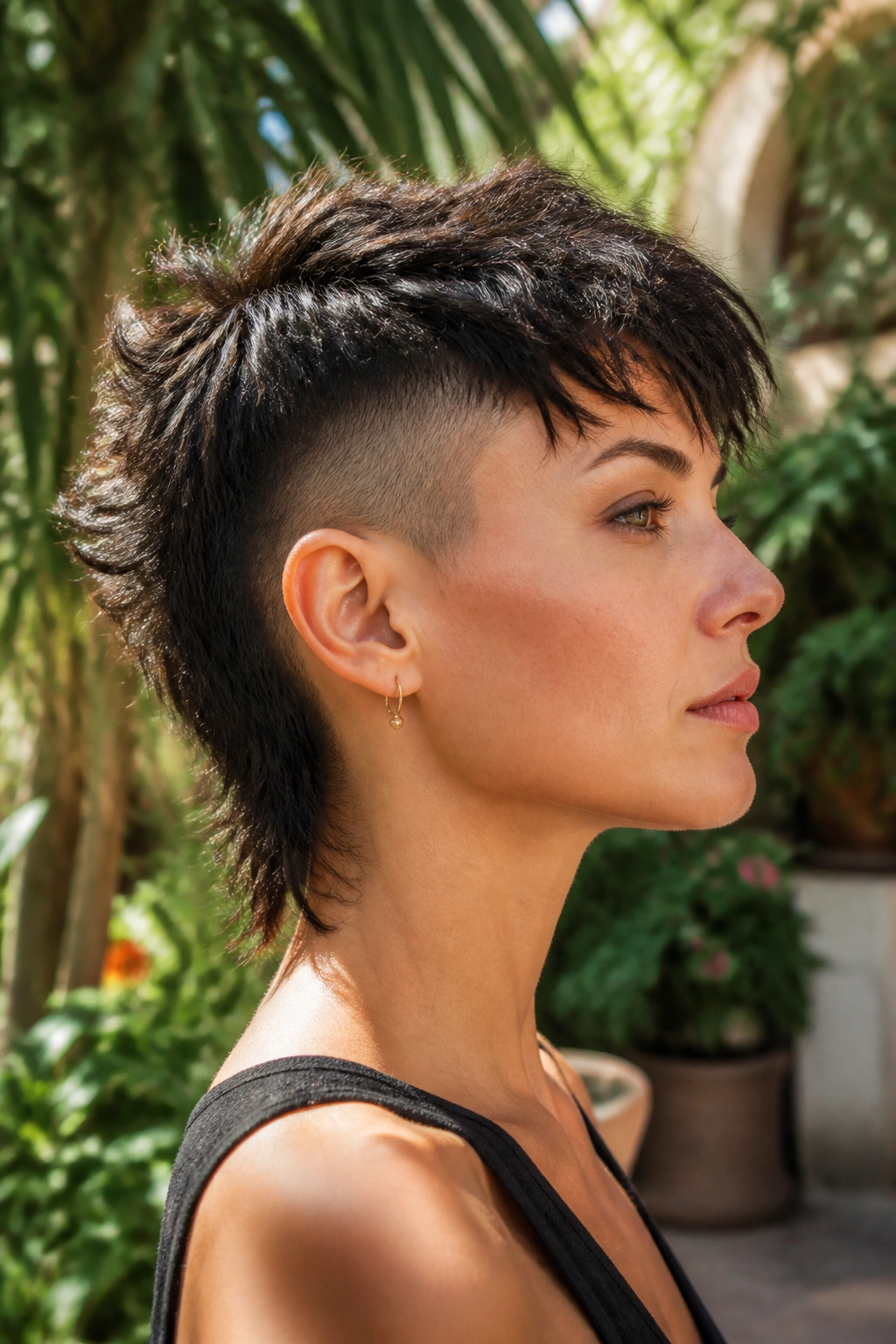 Portrait of a real woman with undercut pixie mullet in garden backdrop