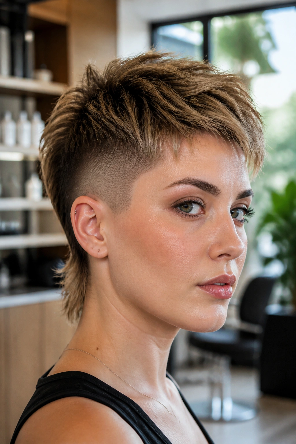 Close-up of a real woman with an undercut pixie mullet in a warm salon