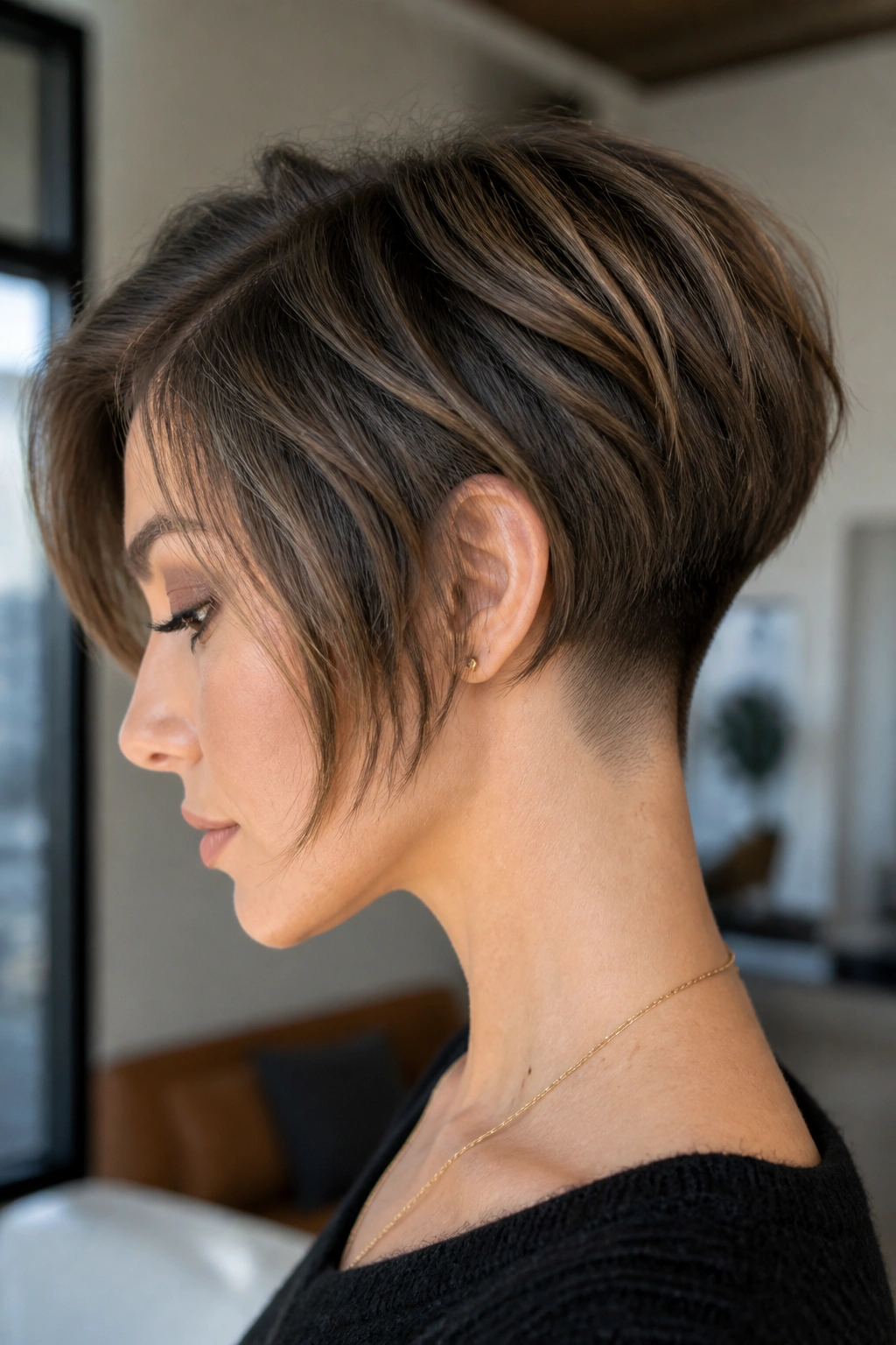 Side-profile of a woman with an undercut pixie bob showing a clean nape