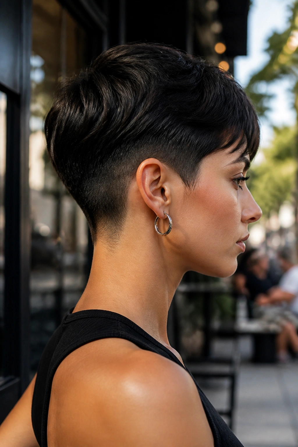 Profile portrait of a real woman with an undercut pixie and sharp nape.