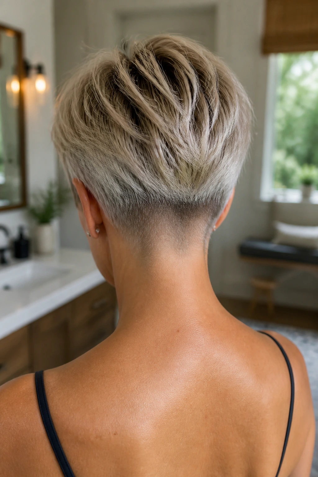 Back view of a real woman with a soft undercut pixie at the nape, gentle blending and top length