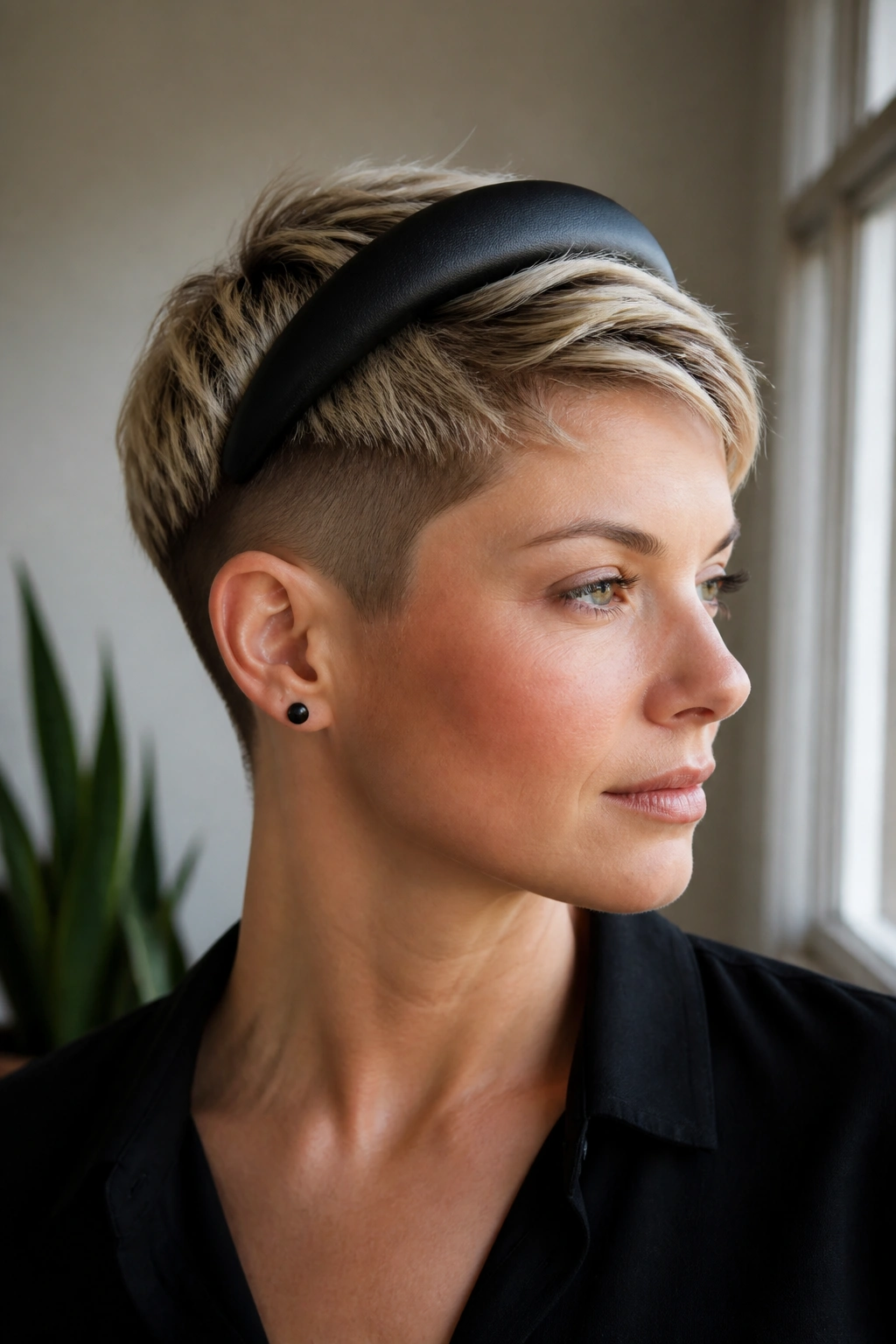 Close-up portrait of a real woman with an undercut pixie and a padded headband.