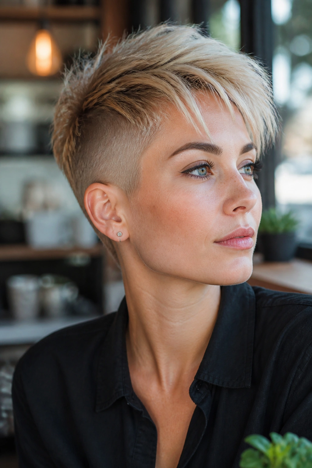 Close-up portrait of a real person with undercut pixie and piecey top