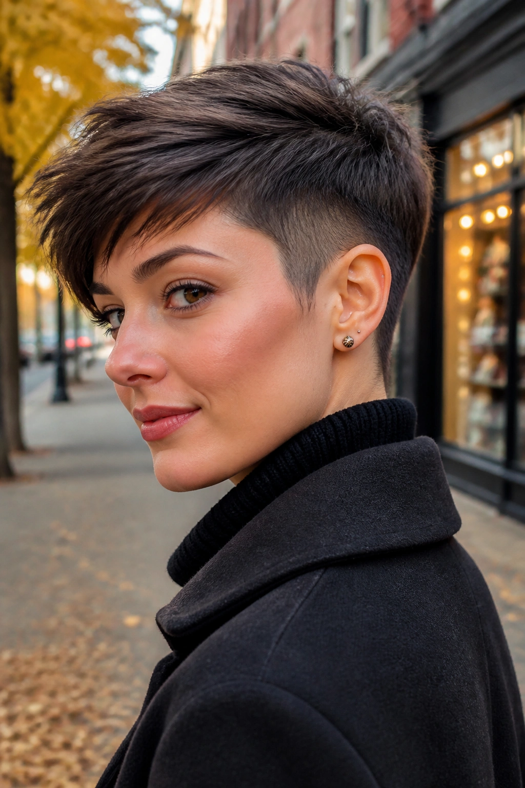 Close-up portrait of a real woman with an undercut pixie showing clipped sides and longer top.
