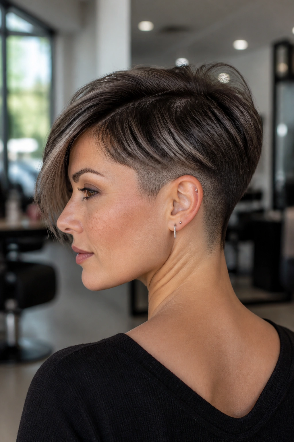 Close-up portrait of a woman with an undercut pixie hairstyle in a salon setting.