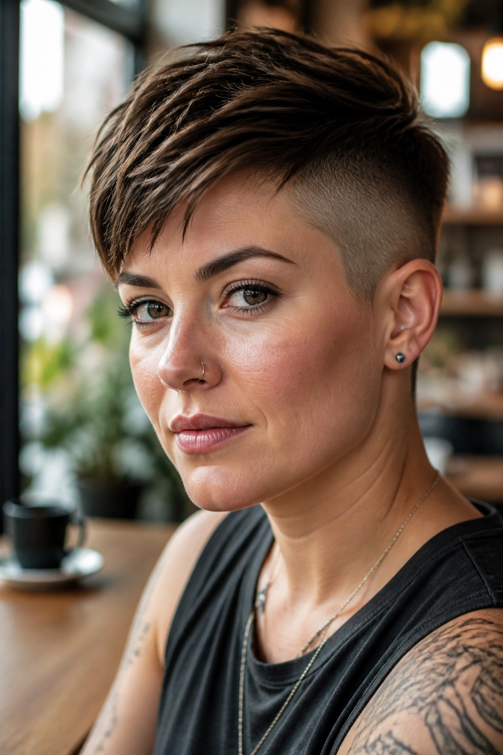 Close-up portrait of a real woman with an undercut pixie.
