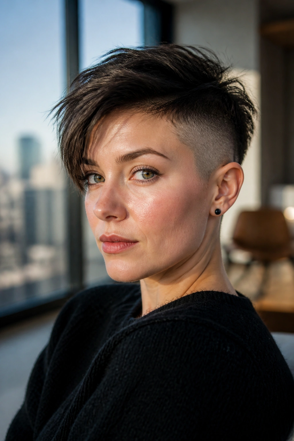 Close-up portrait of a real woman with an undercut pixie showing shaved side and top length.