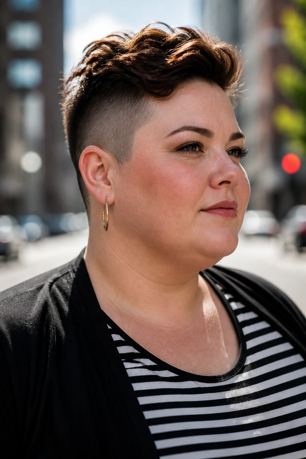 Close-up portrait of a real woman with an undercut pixie on a city street.
