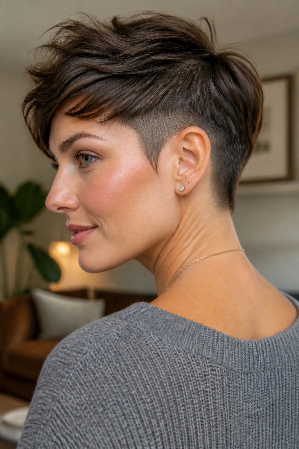 Close-up portrait of person with hidden undercut pixie hairstyle