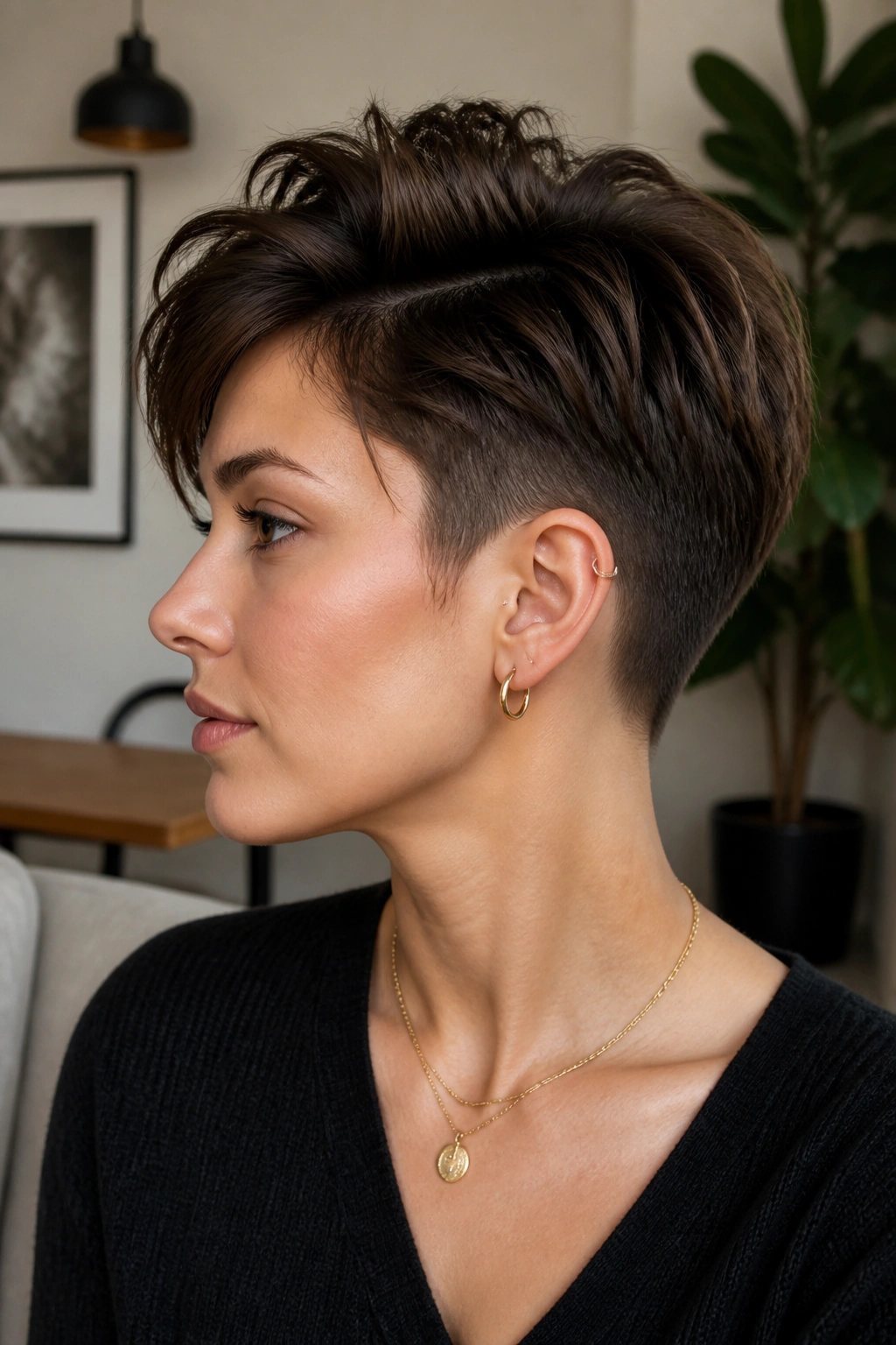 Portrait of a person with an undercut pixie lifting the crown, natural light