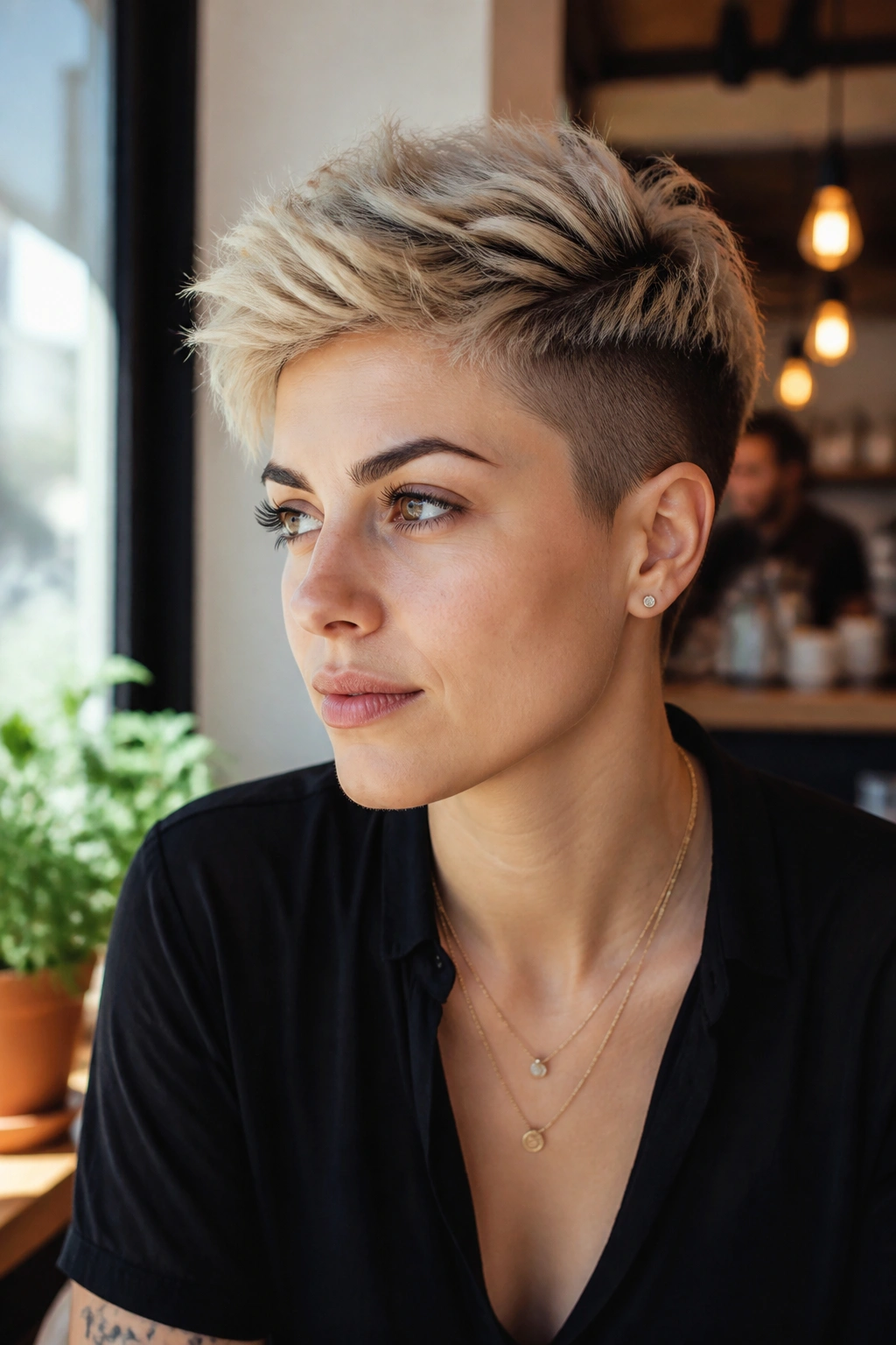 Close-up portrait of a real woman with undercut pixie hairstyle in cafe window light