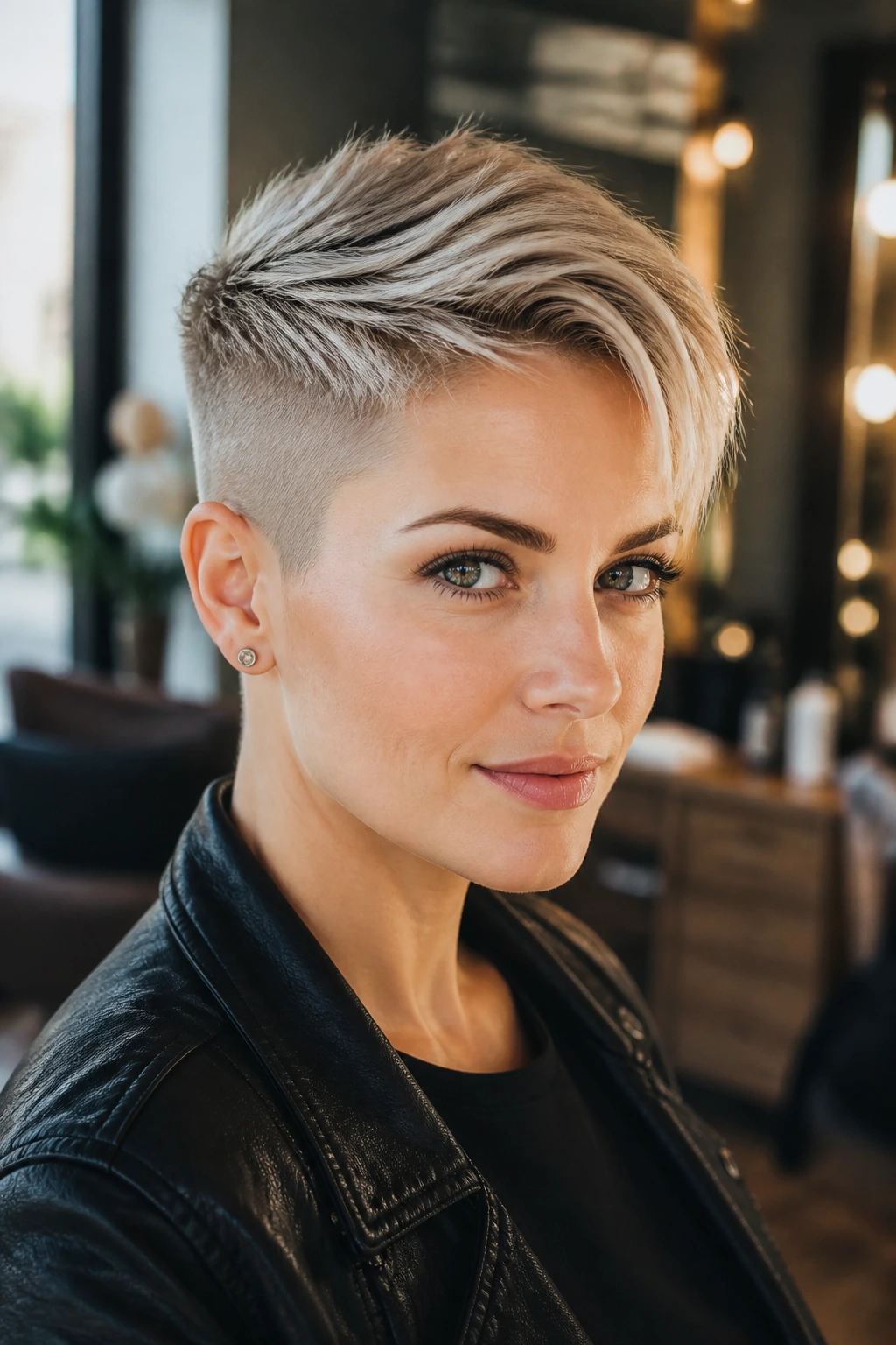 Close-up of a real woman with an undercut pixie hairstyle in a sunlit salon
