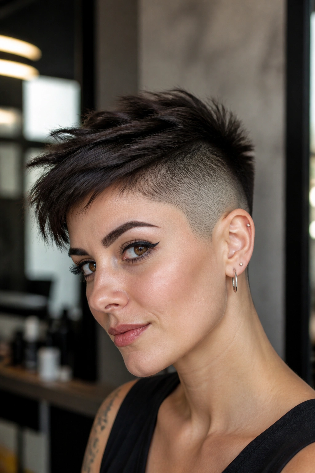 Close-up of a person with undercut pixie and shaved sides in a modern salon
