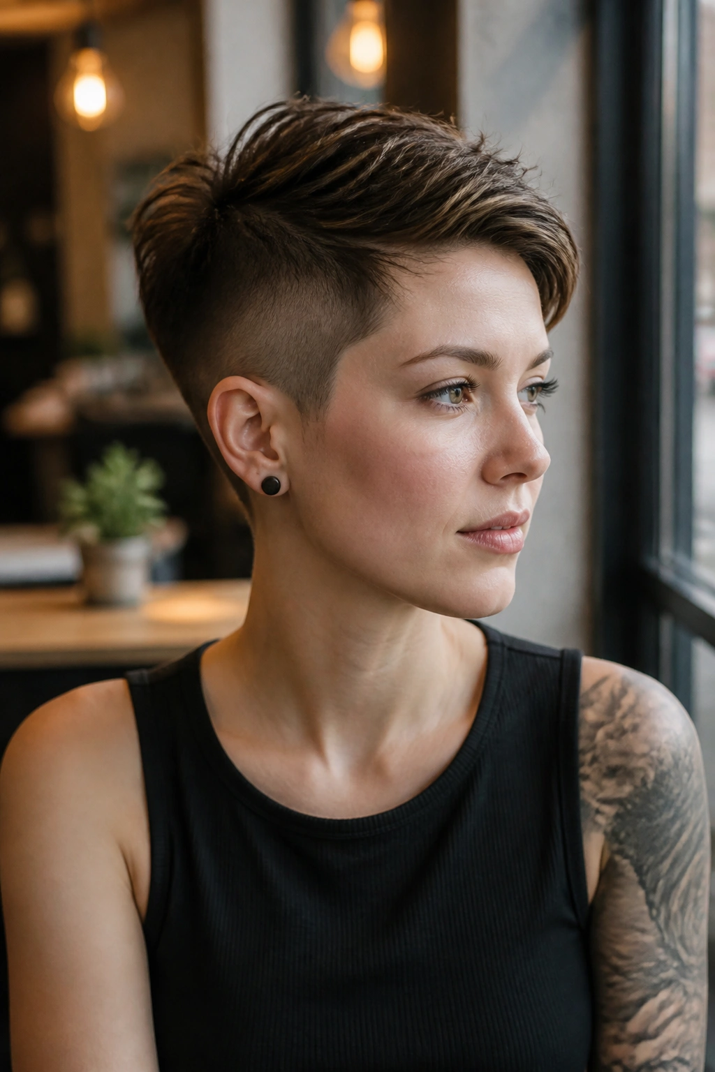 Close-up portrait of a real woman with an undercut pixie, shaved sides and longer top