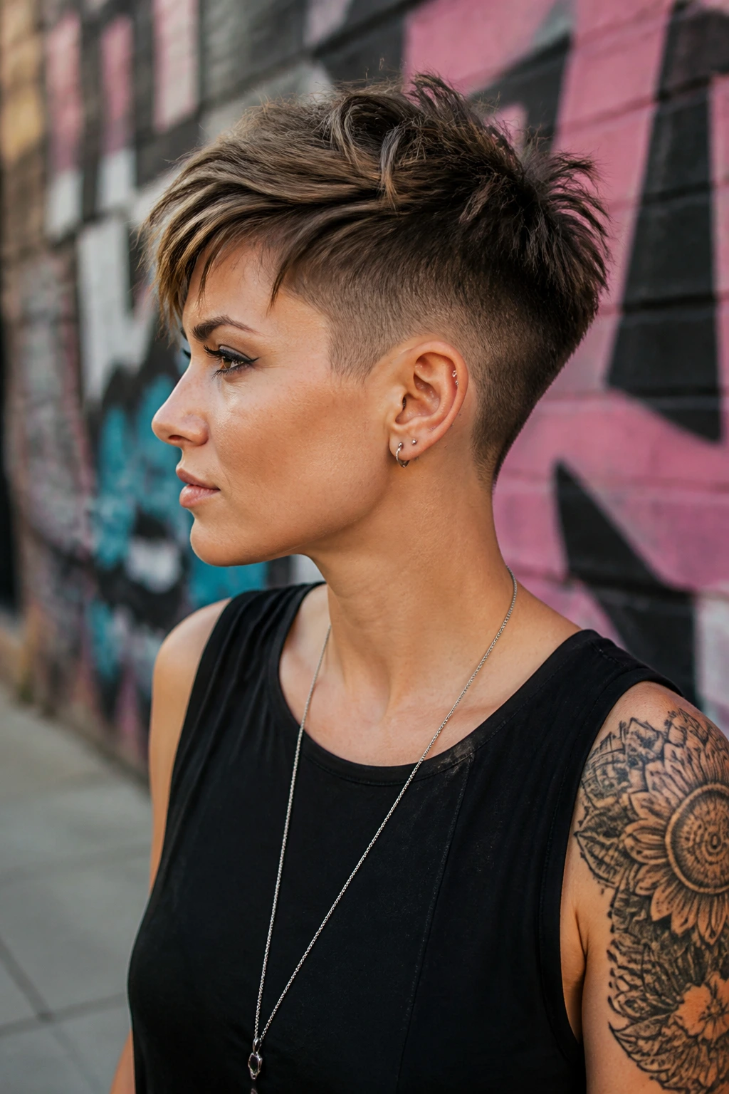 Side profile of a real person with undercut pixie.