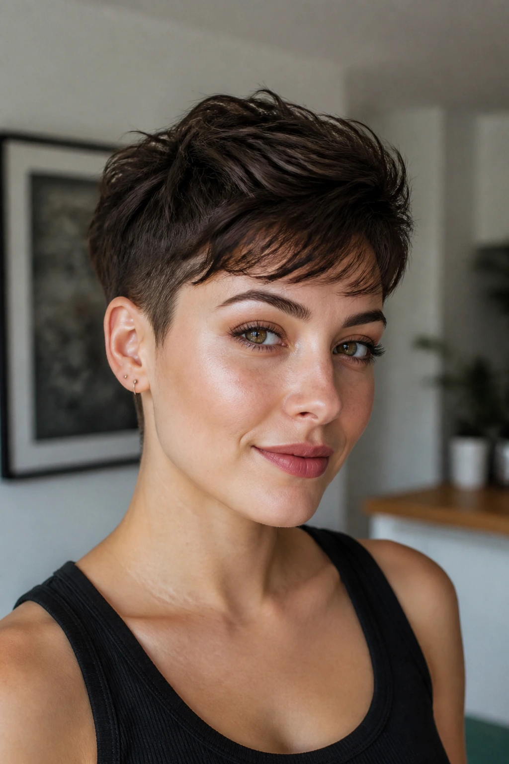 Portrait of a real person with an undercut pixie hairstyle