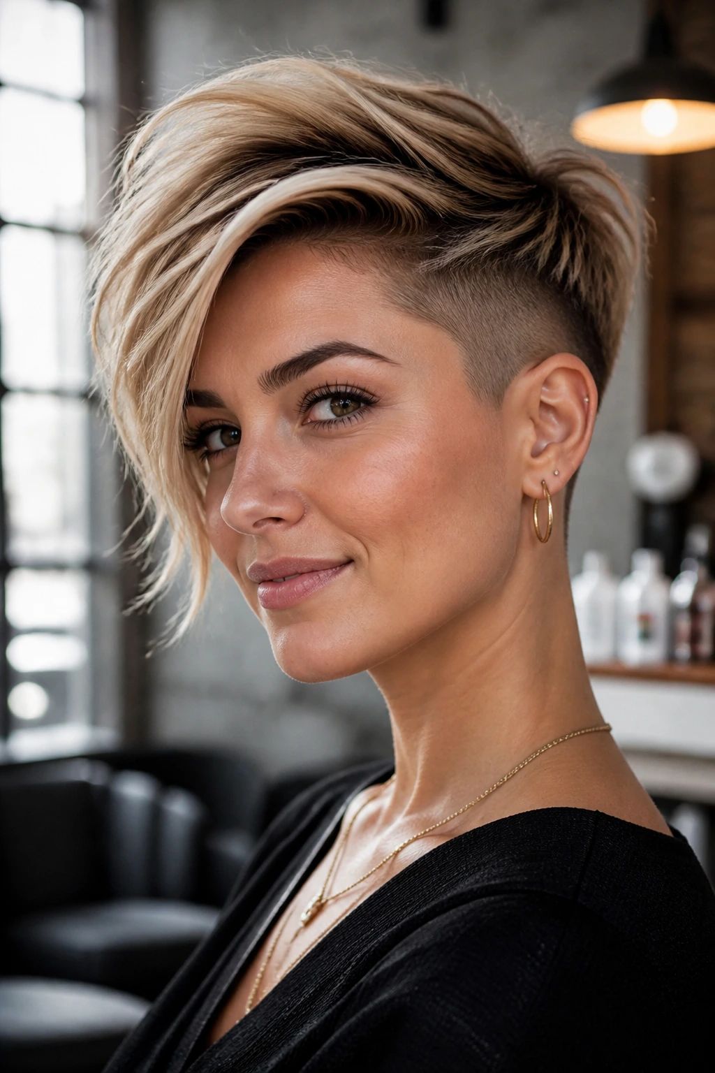 Real woman with undercut pixie and side sweep in urban interior lighting