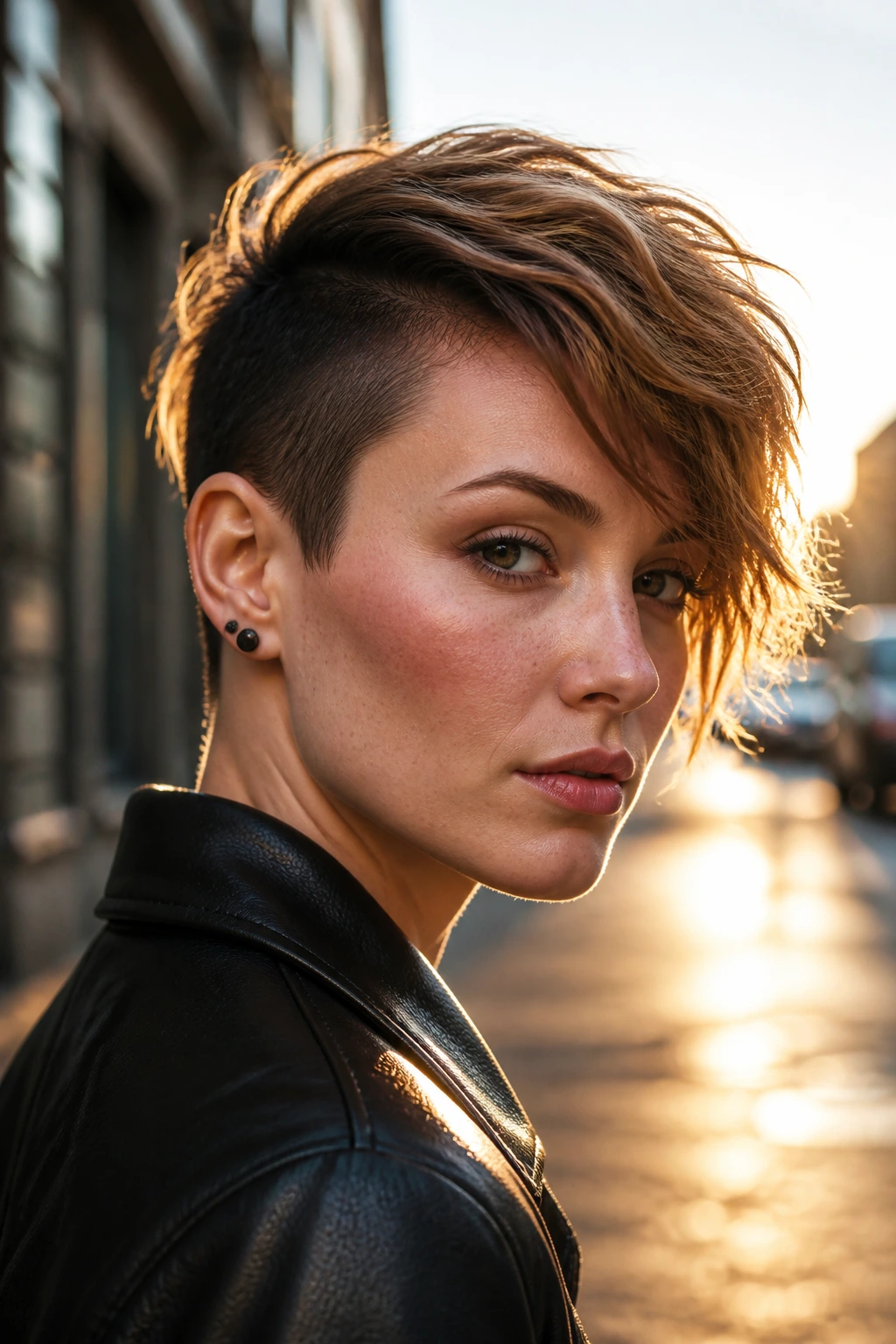 Close-up of a real person with a side-swept undercut pixie hairstyle