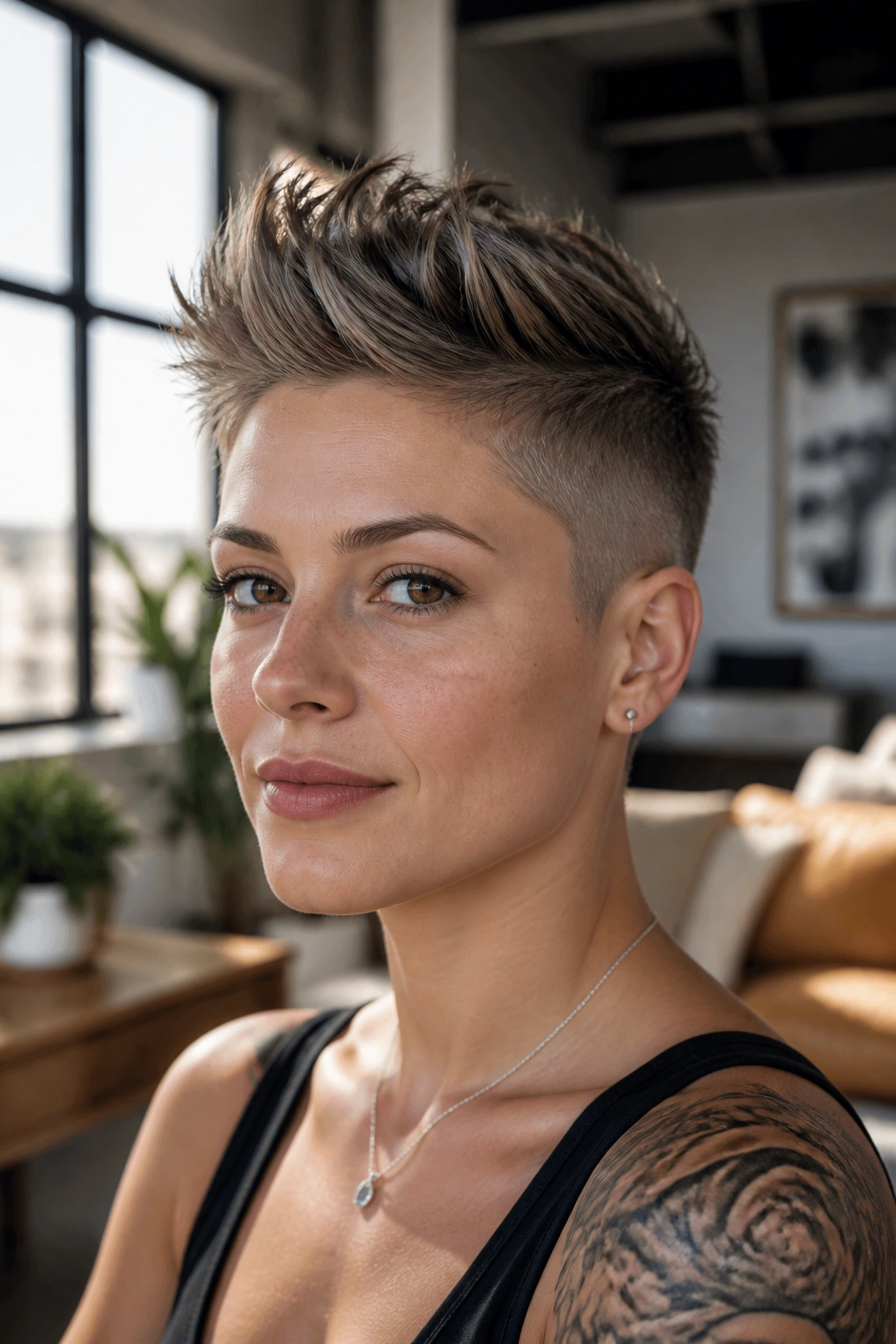 Close-up of a real woman with an undercut pixie, sides shaved and top lifted.